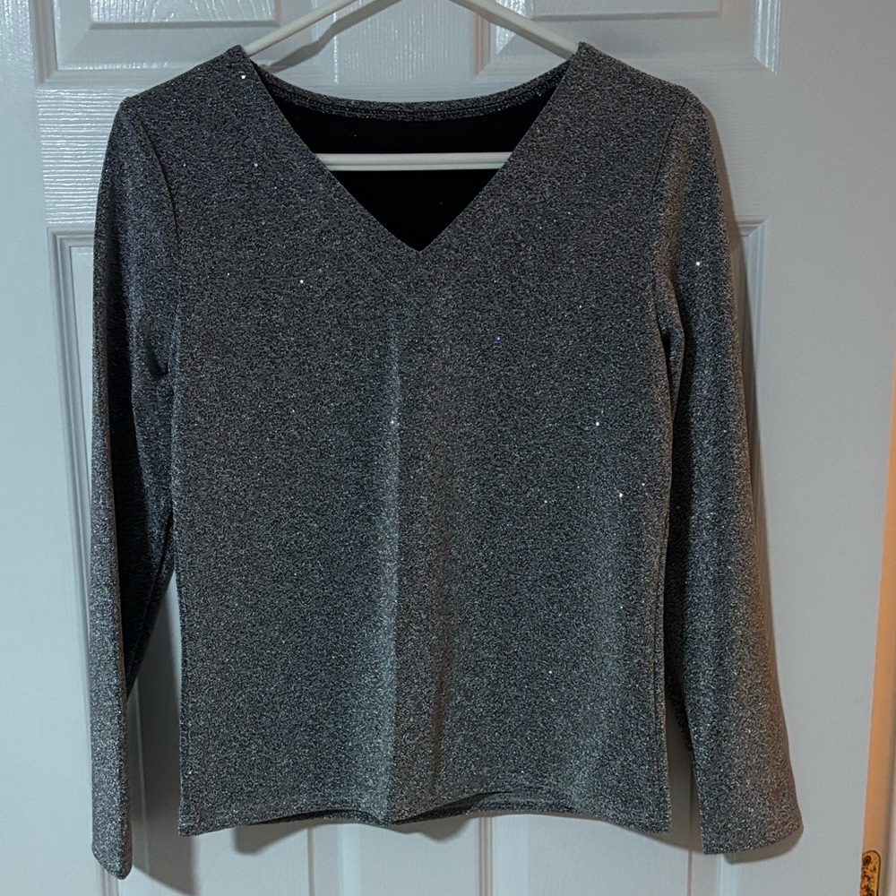 Women's Sparkly Gray V-Neck Top